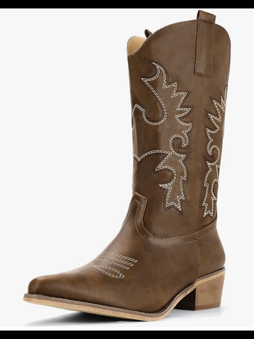 IDIFU Brown Women's Western Mid Calf Embroidered Low Heeled Boots